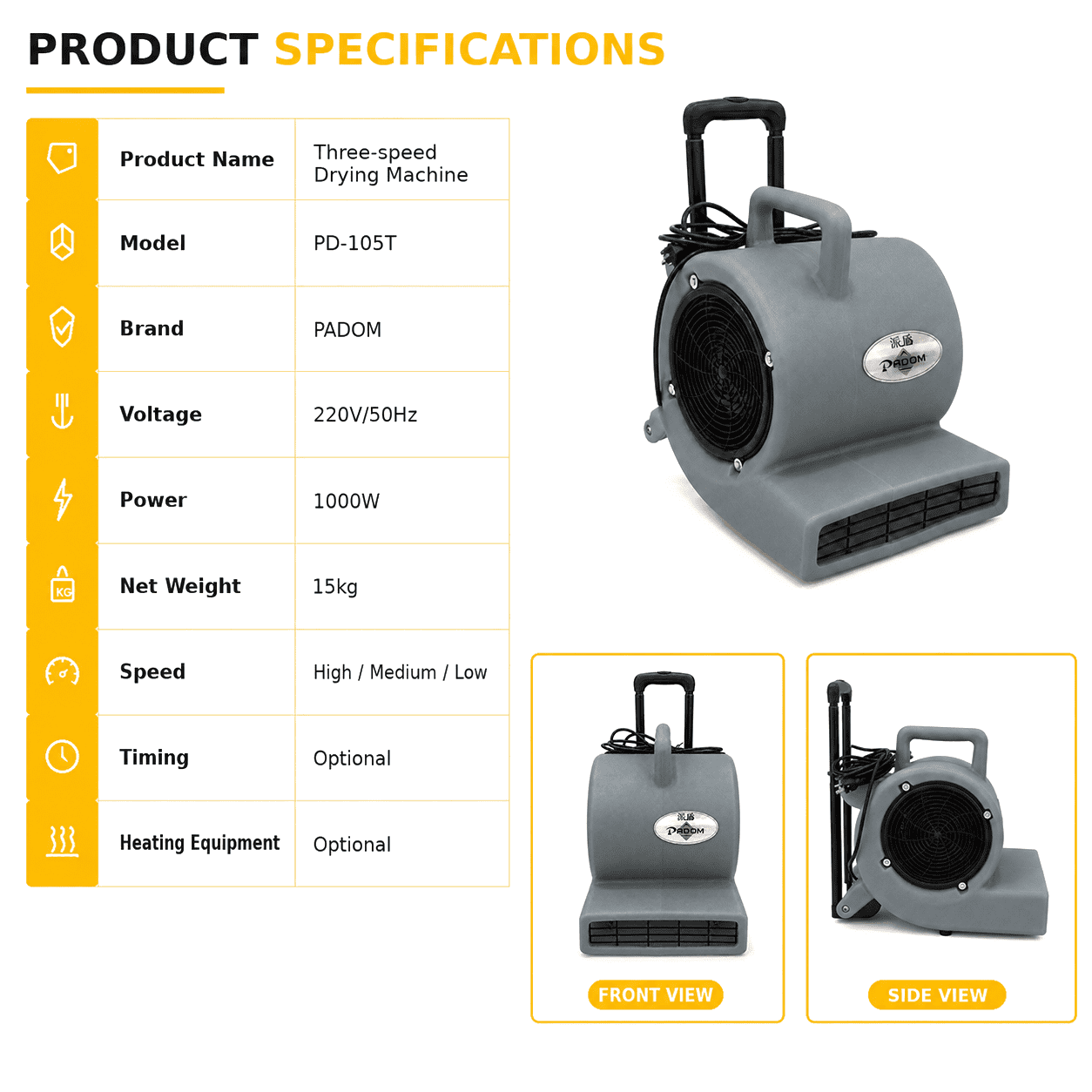 PADOM MD-105T Commercial Three-Speed Floor Blower Drying