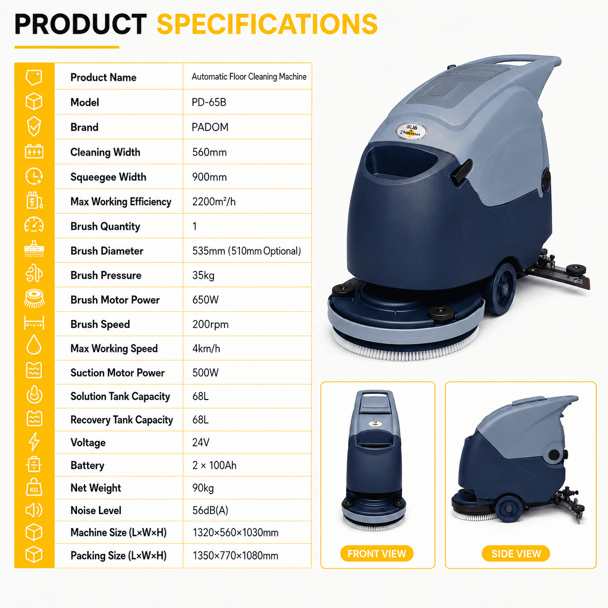 PADOM PD-65B Commercial Walk-Behind Floor Auto Scrubber