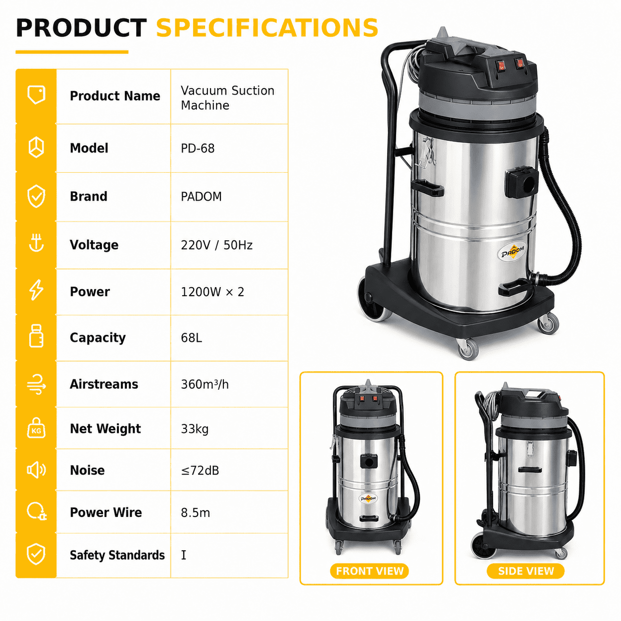 PADOM MD-68 Industrial Wet and Dry Vacuum Cleaner