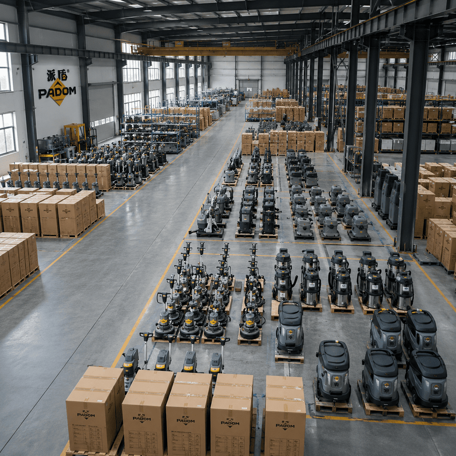 PADOM cleaning equipment warehouse showing organized floor scrubbers, vacuum cleaners, sweepers and packaged commercial cleaning machines