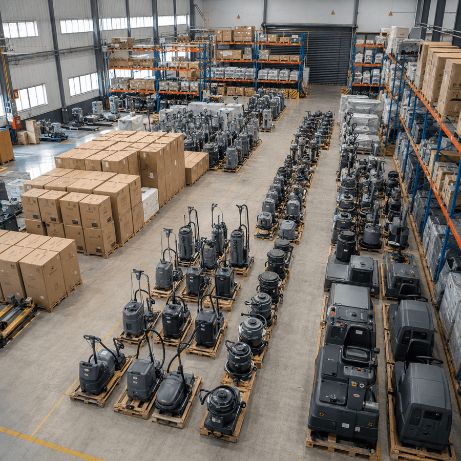 PADOM commercial cleaning equipment factory warehouse with floor scrubbers, vacuum cleaners and boxed machines ready for shipment
