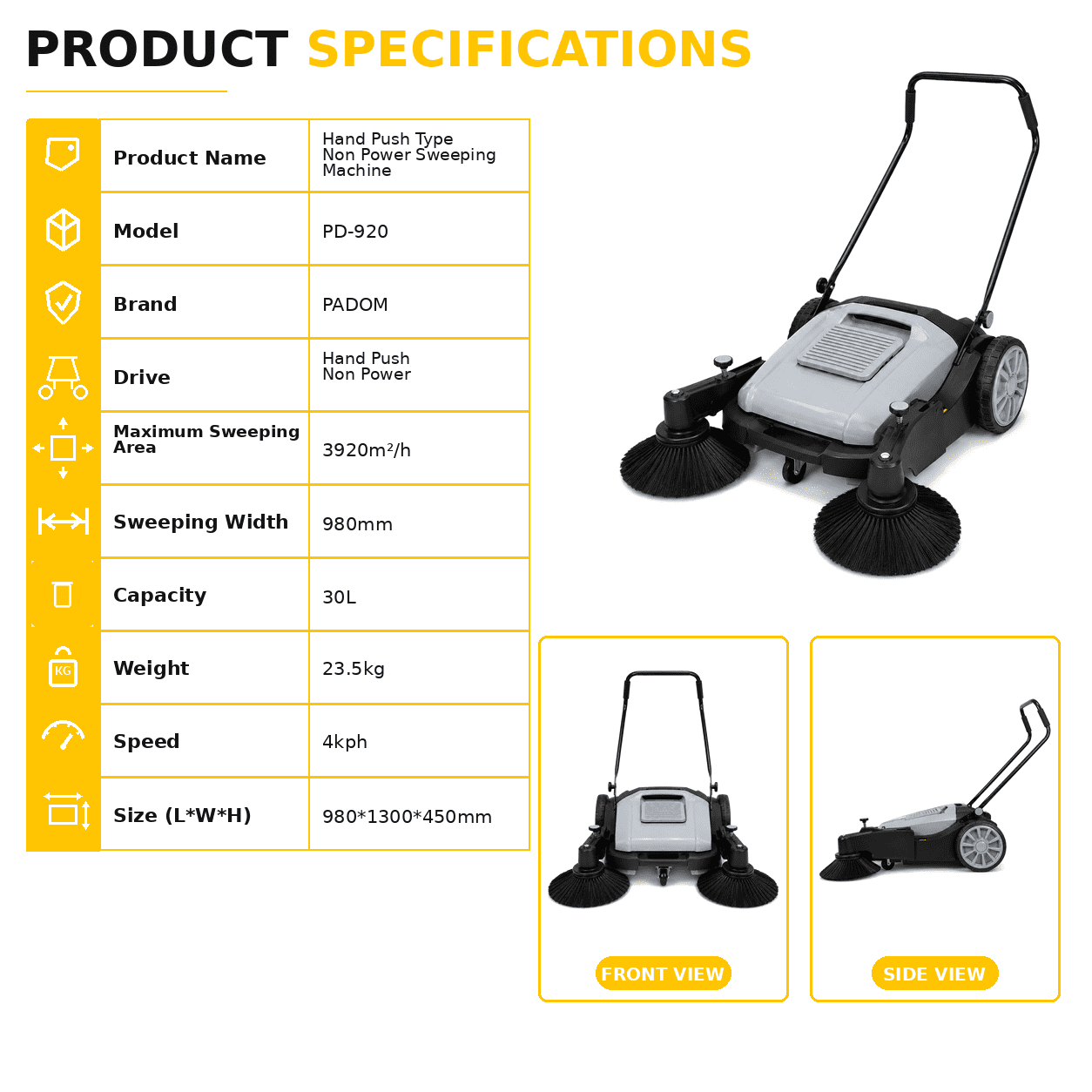 PADOM PD-920 Commercial Walk-Behind Sweeper