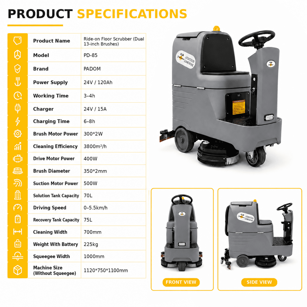 PADOM PD-85 Ride On Commercial Floor Scrubber